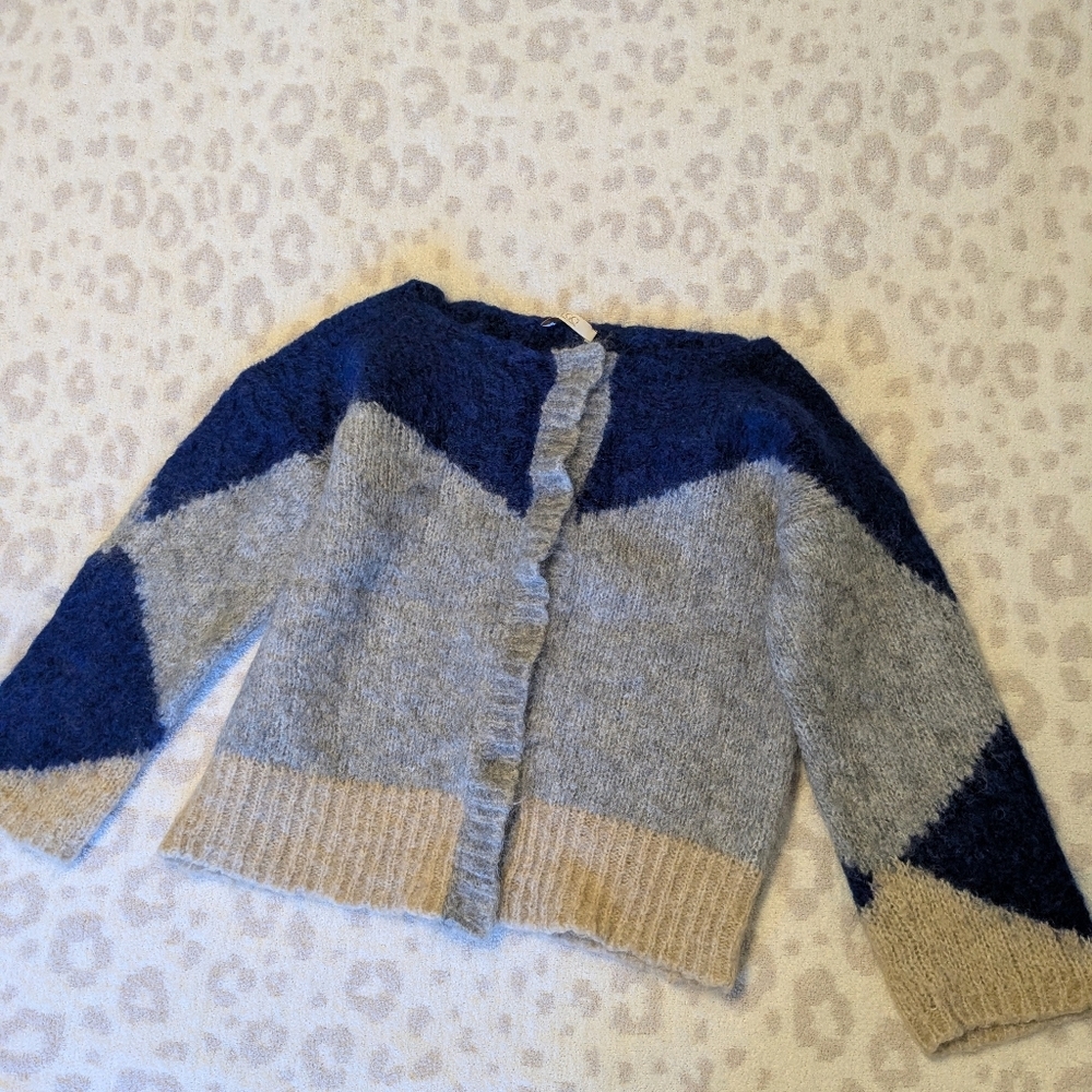 Italian Boat Neck Fluffy Mohair Wool Cardigan Navy Grey Tan Boxy Fit Medium